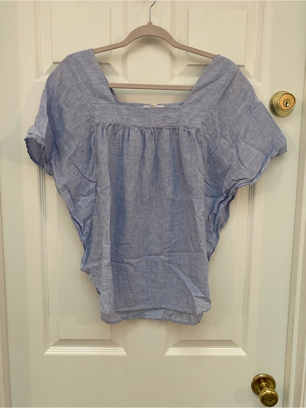 beachlunchlounge Light Blue Square-Neck Linen-Blend Top w Butterfly Sleeves - M